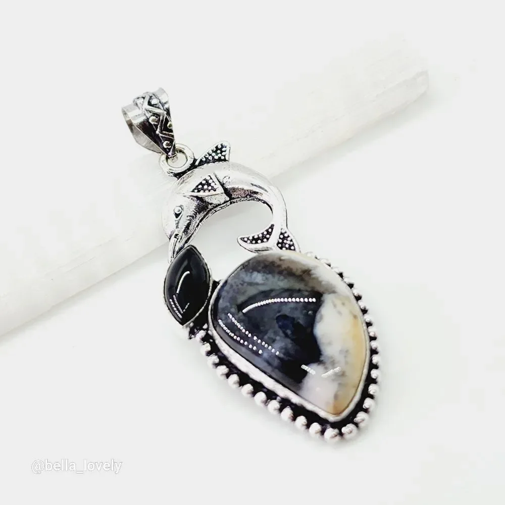 Dolphin Dendrite Opal Black Onyx Ethnic Handmade Pendant Jewelry 2.72